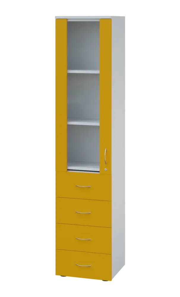 LE - 44 skříň léková prosklená, levá, korpus bílý, dvířka žlutá odio